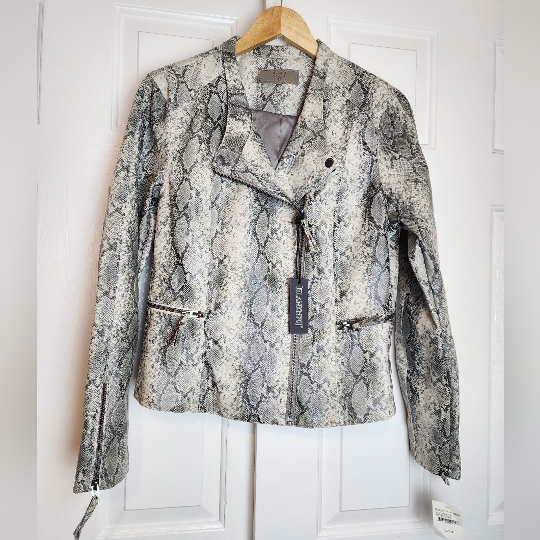 Blank Nyc Gray Snakeskin Vegan Full Zip Women's Leather Jacket Size L Nwt
